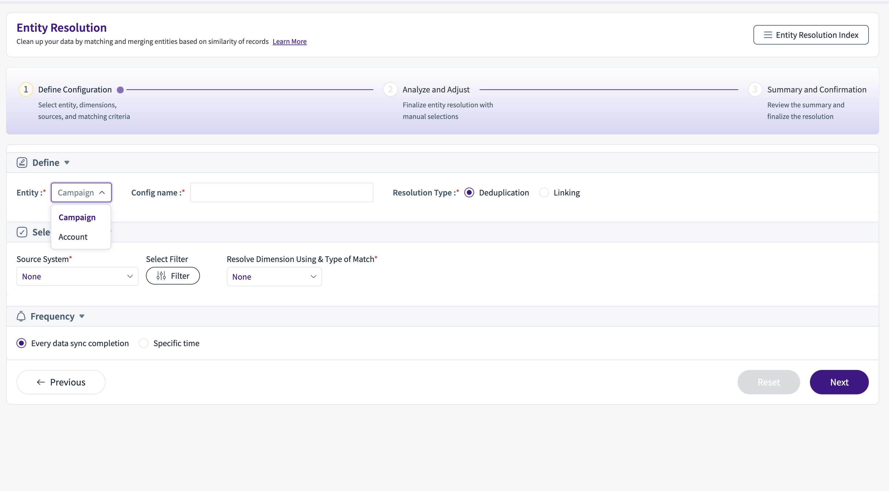 Entity resolution configuration screen showing options for campaigns and data synchronization.